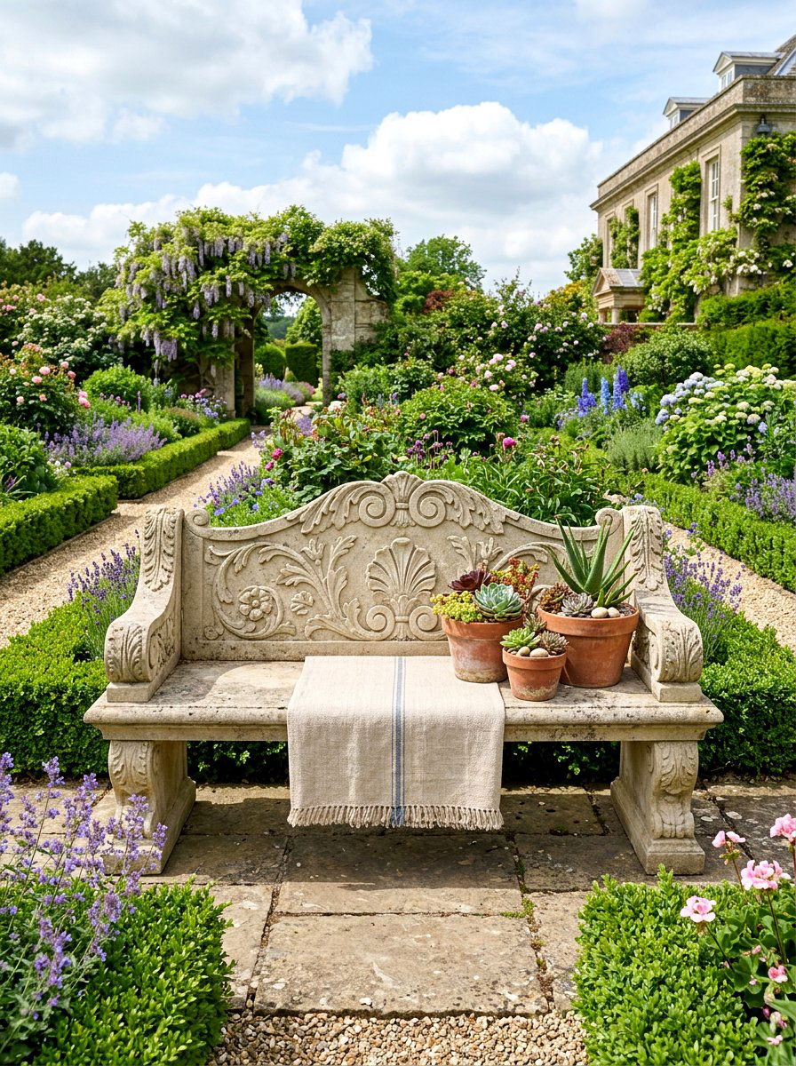 Stone Garden Bench Styling - 25 Spring Garden Bench Decor Ideas