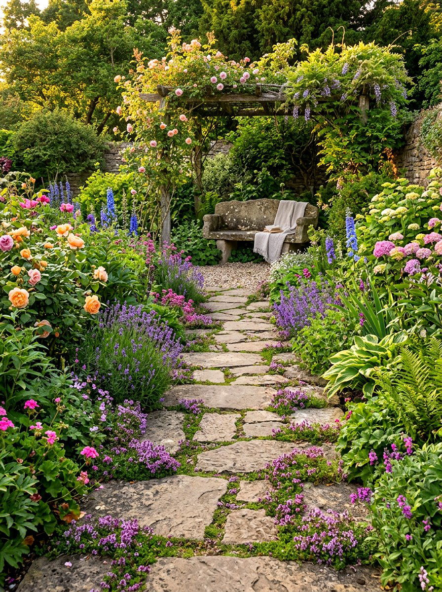 Stone Path Seating - 25 Spring Garden Nook Decor Ideas