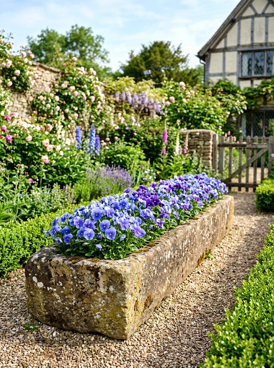 Stone Trough Pansy Arrangement - 25 Spring Pansy Planter Ideas