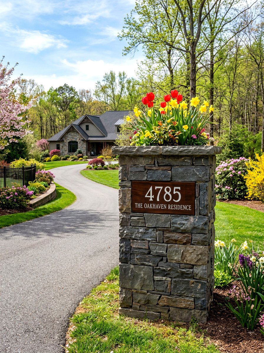 Stone Veneer Outdoor Address Pillar - 25 Spring Address Planter Ideas