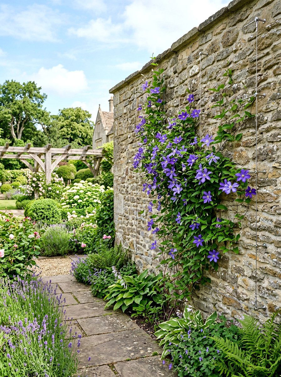 Stone Wall Wire System - 25 Spring Clematis Trellis Ideas