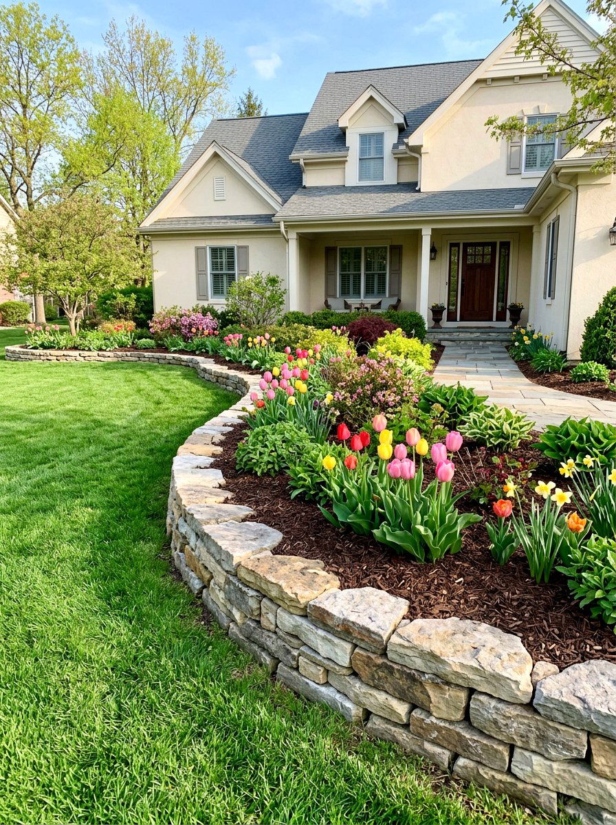 Stone edging for flower bed - 25 Spring Front Walkway Decor Ideas