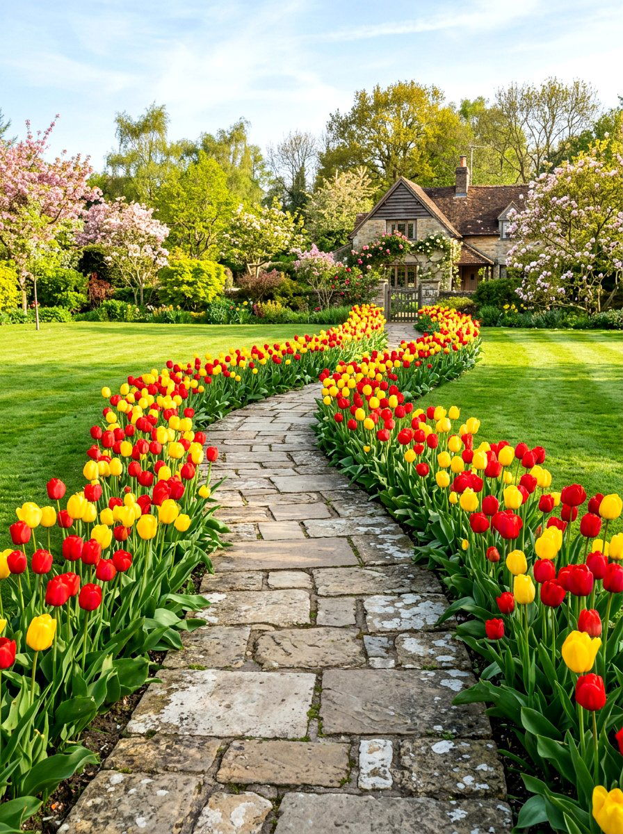 Stone pathway with tulips - 25 Spring Entryway Walkway Ideas