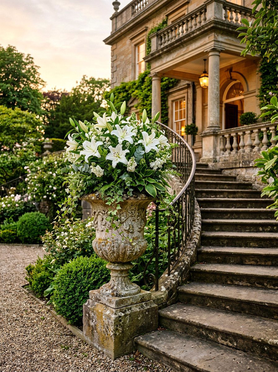 Stone urn flower arrangement - 25 Spring Planter Ideas for Front Porch