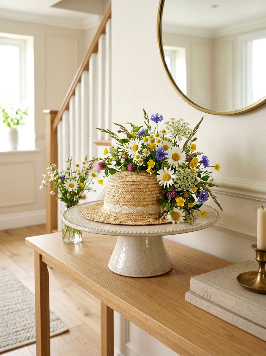 Straw Hat And Wildflowers - 25 Spring Cake Stand Decor Ideas