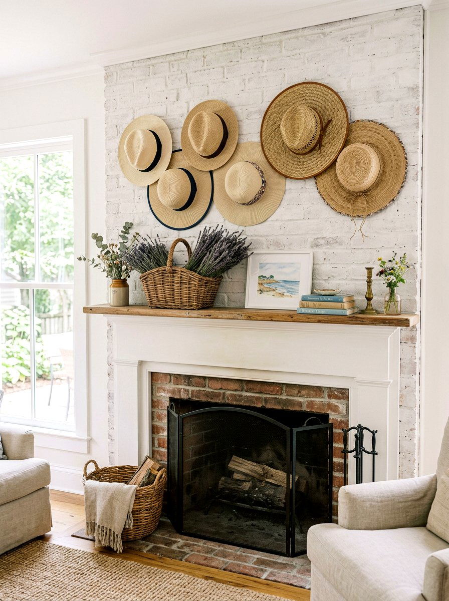 Straw Hats Mantel Decor - 25 Spring Mantel Vignette Ideas