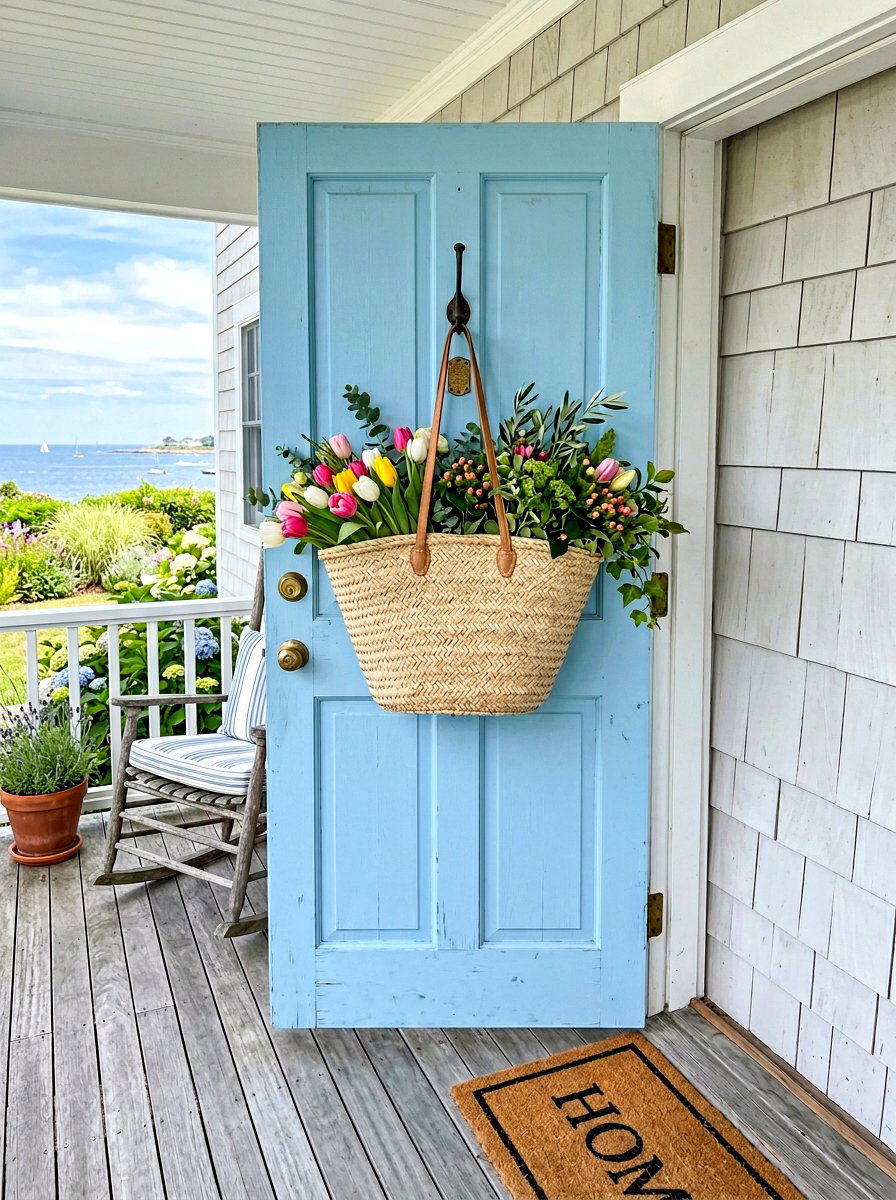 Straw bag door basket - 25 Spring Hanging Basket Door Ideas