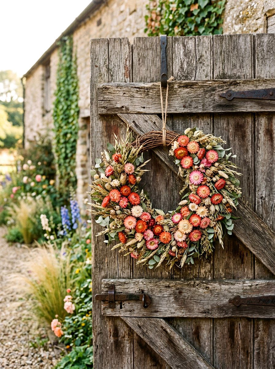 Strawflower Dried Floral Wreath - 25 Spring Fresh Floral Wreath Ideas