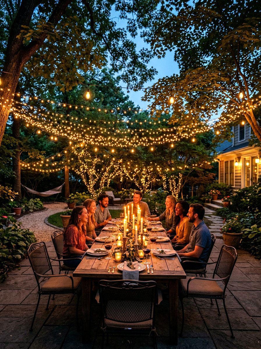 String Light Backyard - 25 Spring Outdoor Dining Decor Ideas