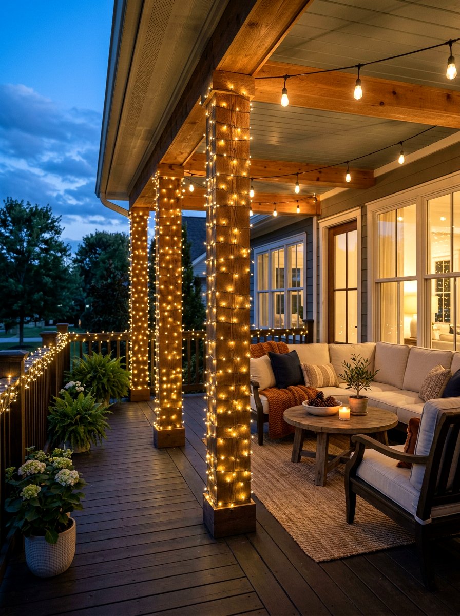 String Light Column Wrap - 25 Spring Porch Column Decor Ideas
