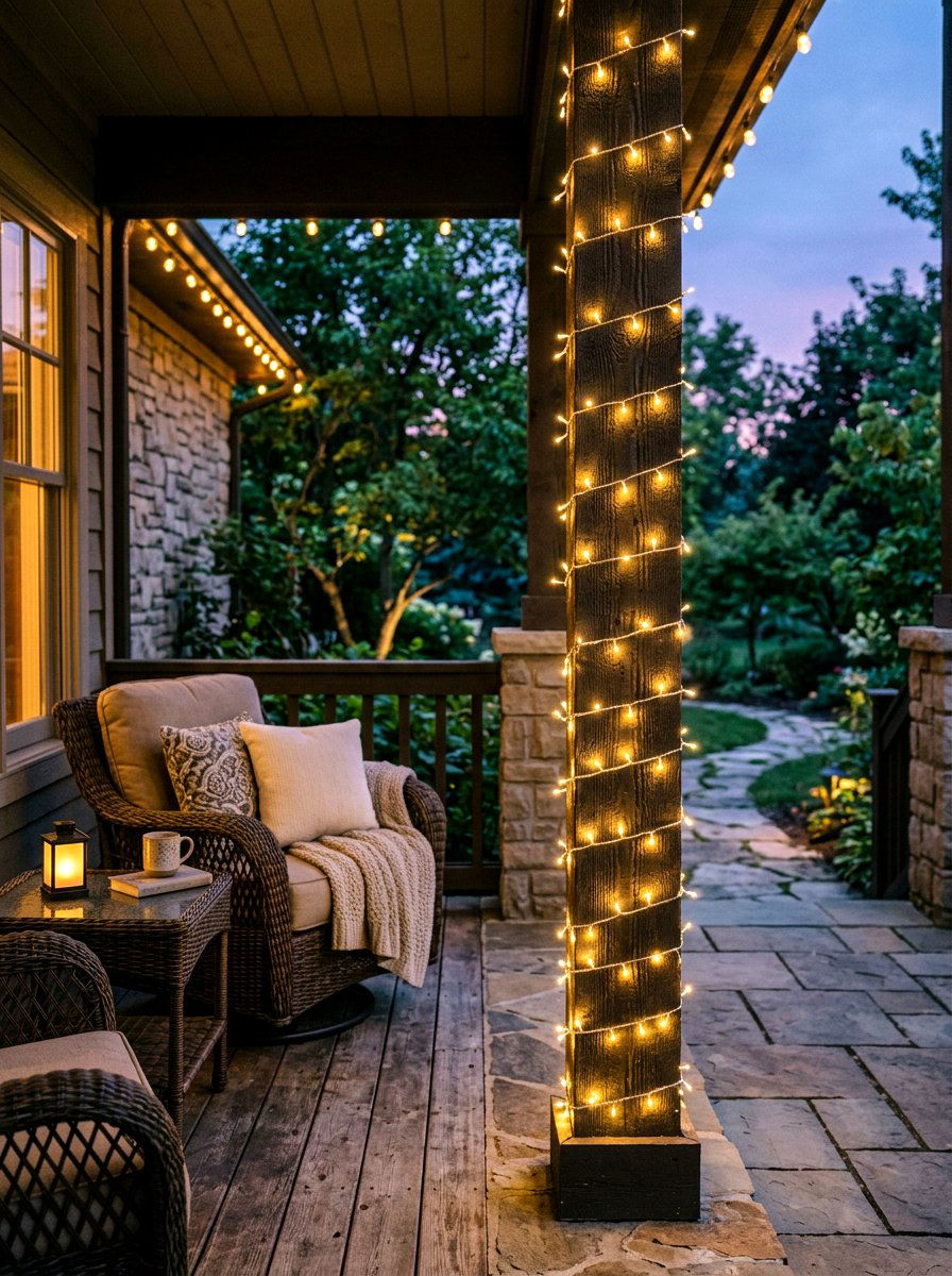String Light Wrap Porch Post - 25 Spring Porch Post Decor Ideas