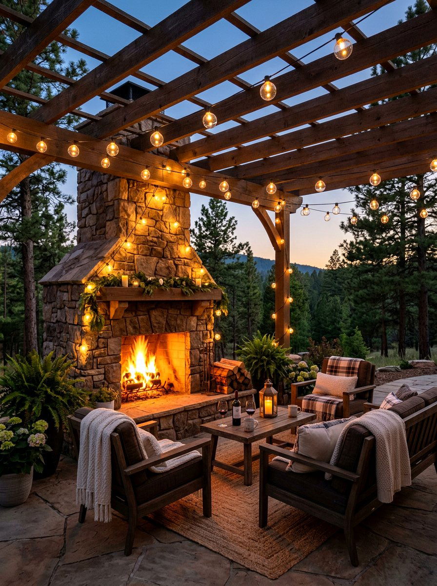 String Lights Fireplace Ambiance - 25 Spring Outdoor Fireplace Decor Ideas
