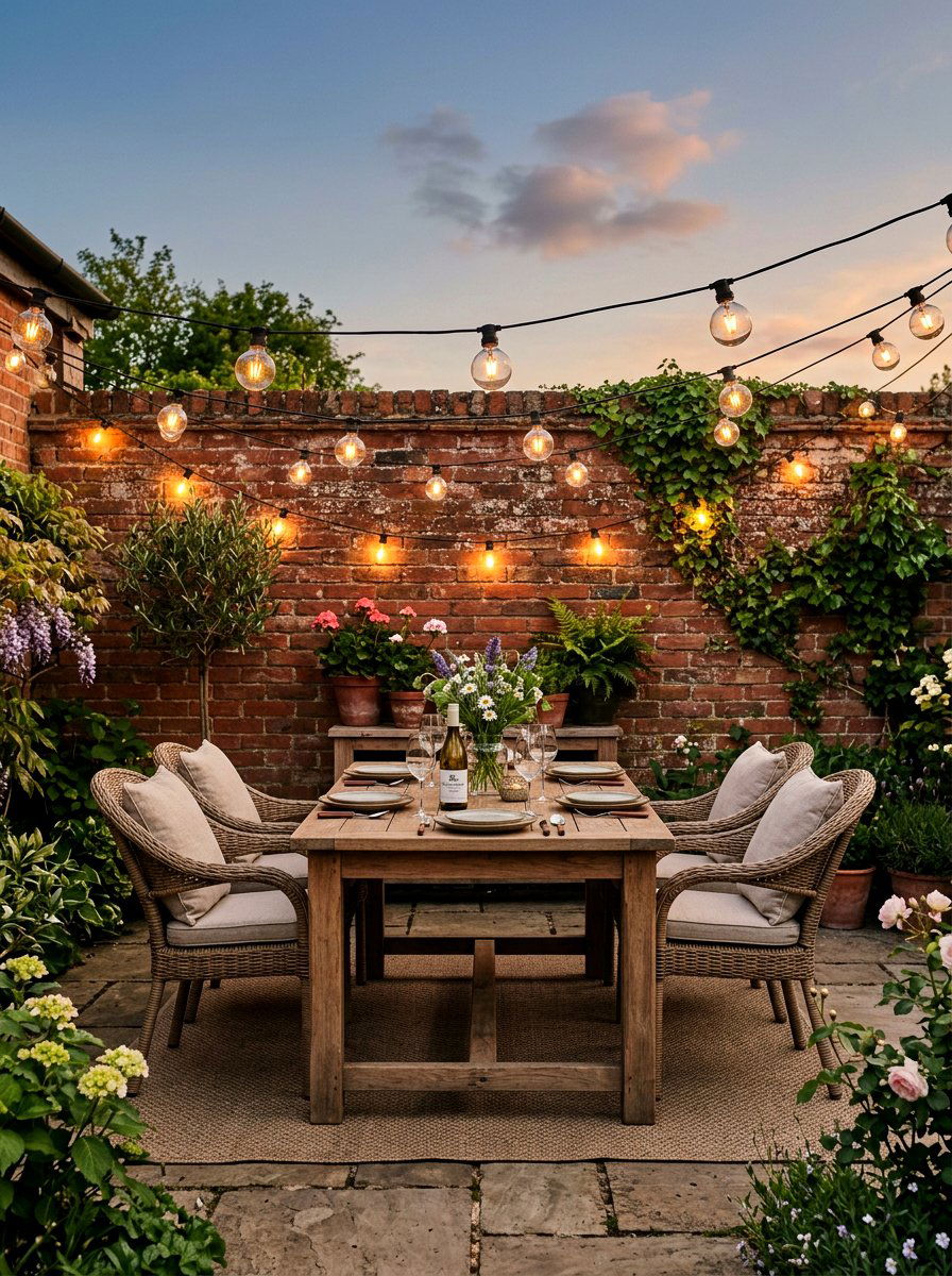 String Lights Over Brick Wall - 25 Spring Brick Wall Decor Ideas