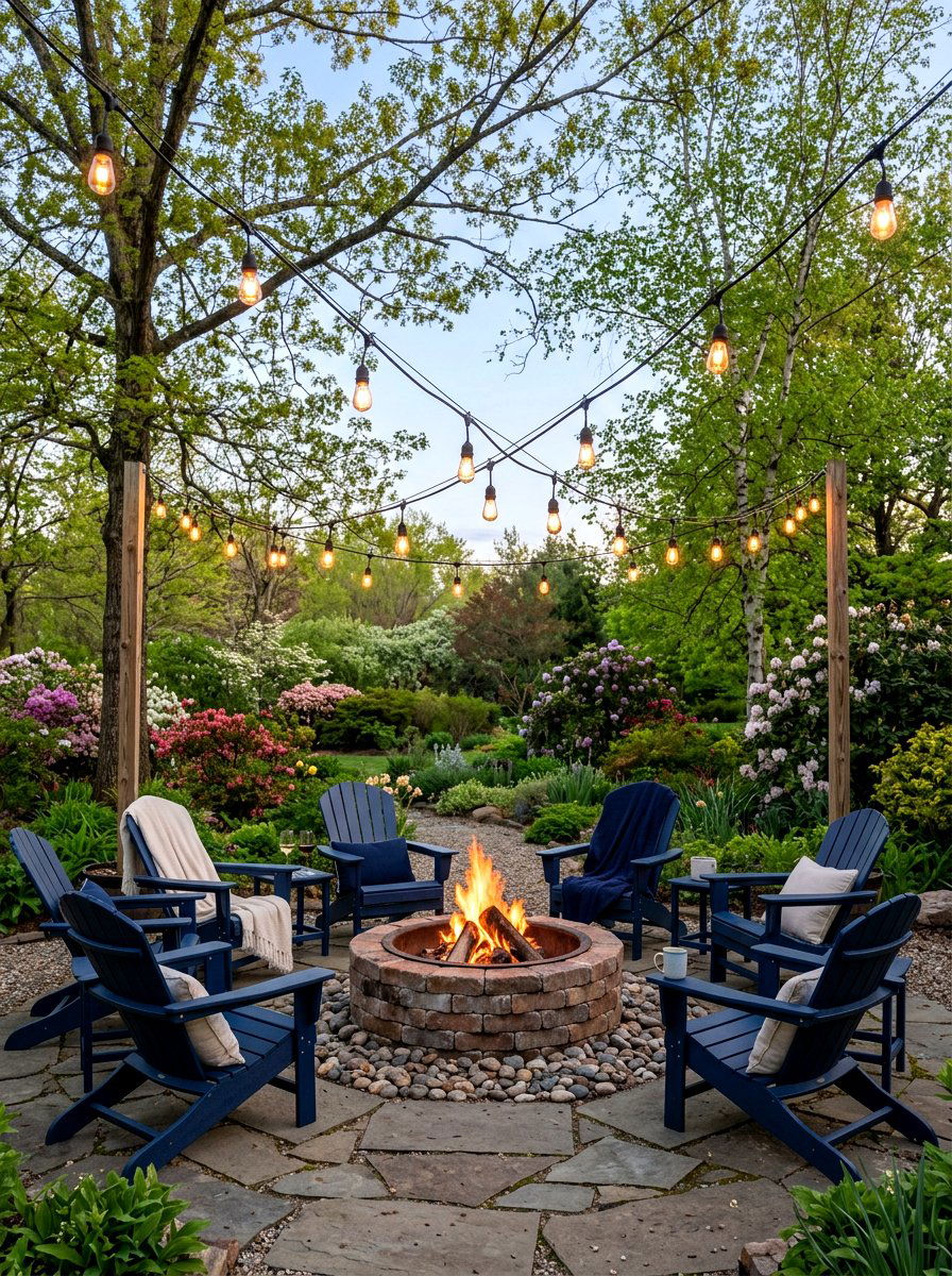 String Lights Over Fire Pit Area - 25 Spring Fire Pit Area Decor Ideas