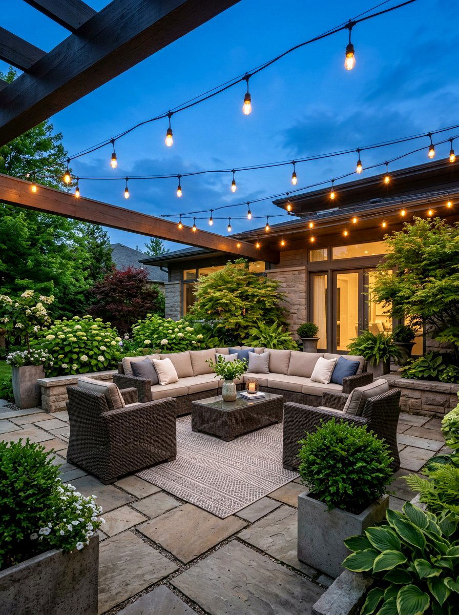 String Lights Over Patio - 25 Spring Outdoor Lighting Ideas