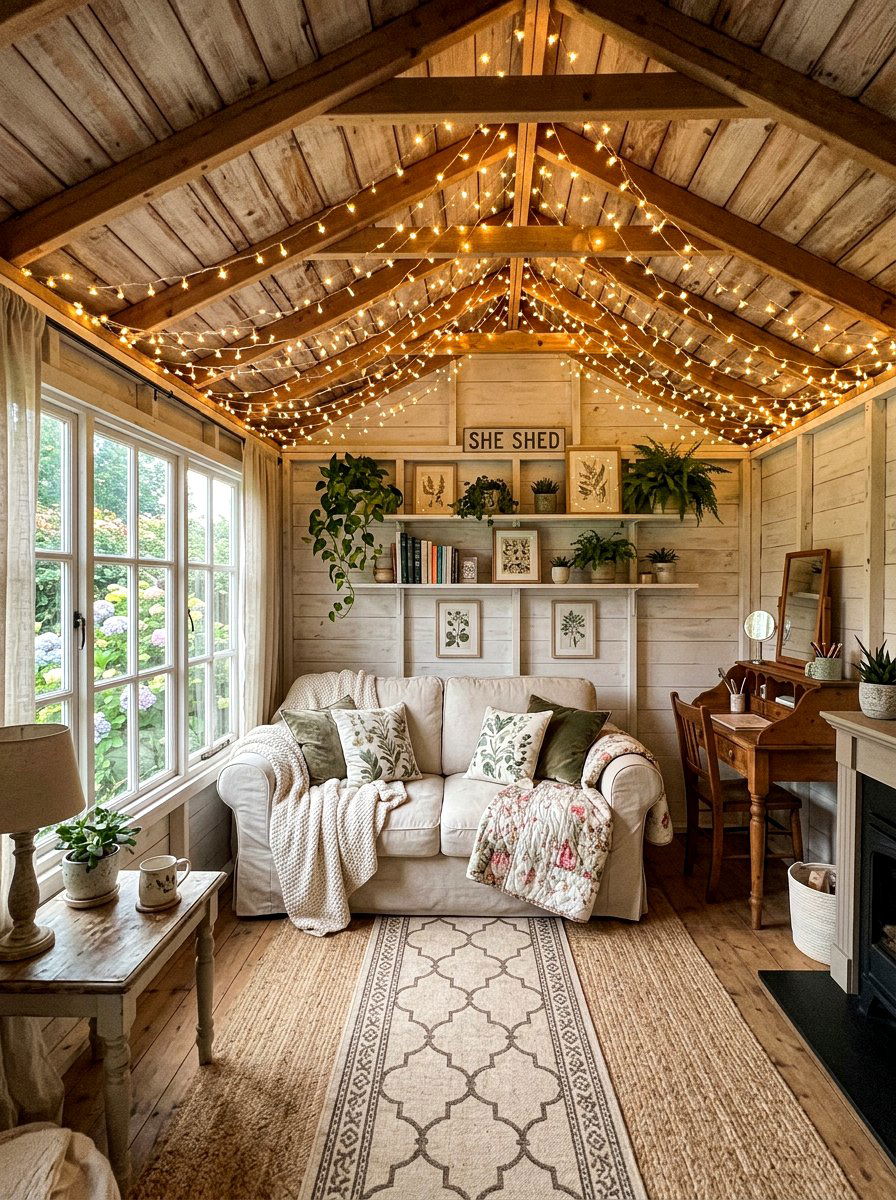 String Lights - 25 Spring She Shed Decor Ideas