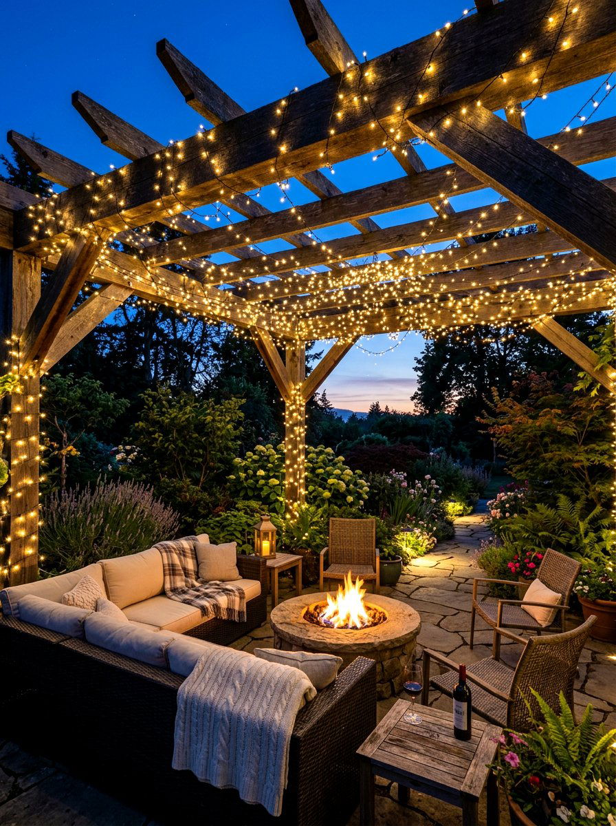 String fairy lights - 25 Spring Pergola Hanging Decor Ideas