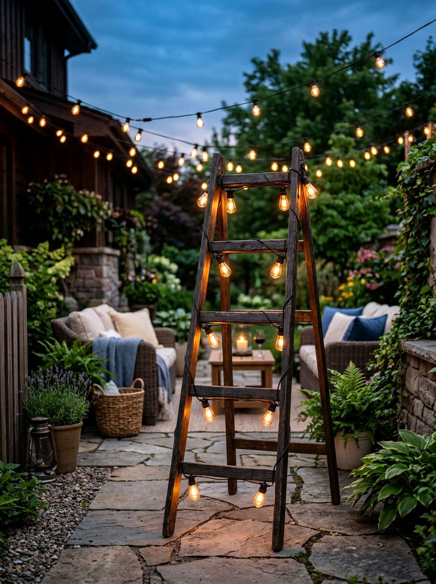 String light ladder patio - 25 Spring Outdoor Ladder Decor Ideas