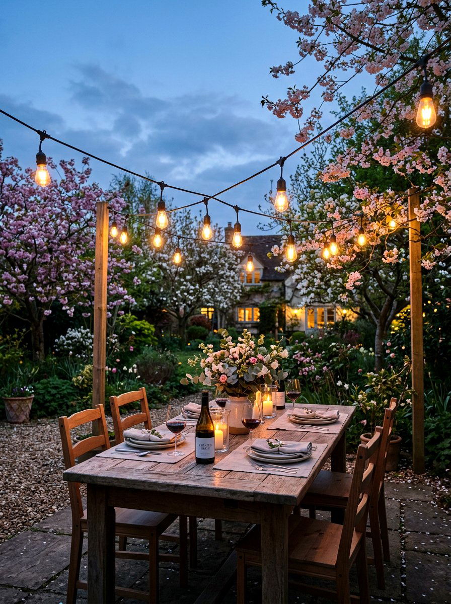 String lights for outdoor dining - 25 Spring Rehearsal Dinner Decor Ideas