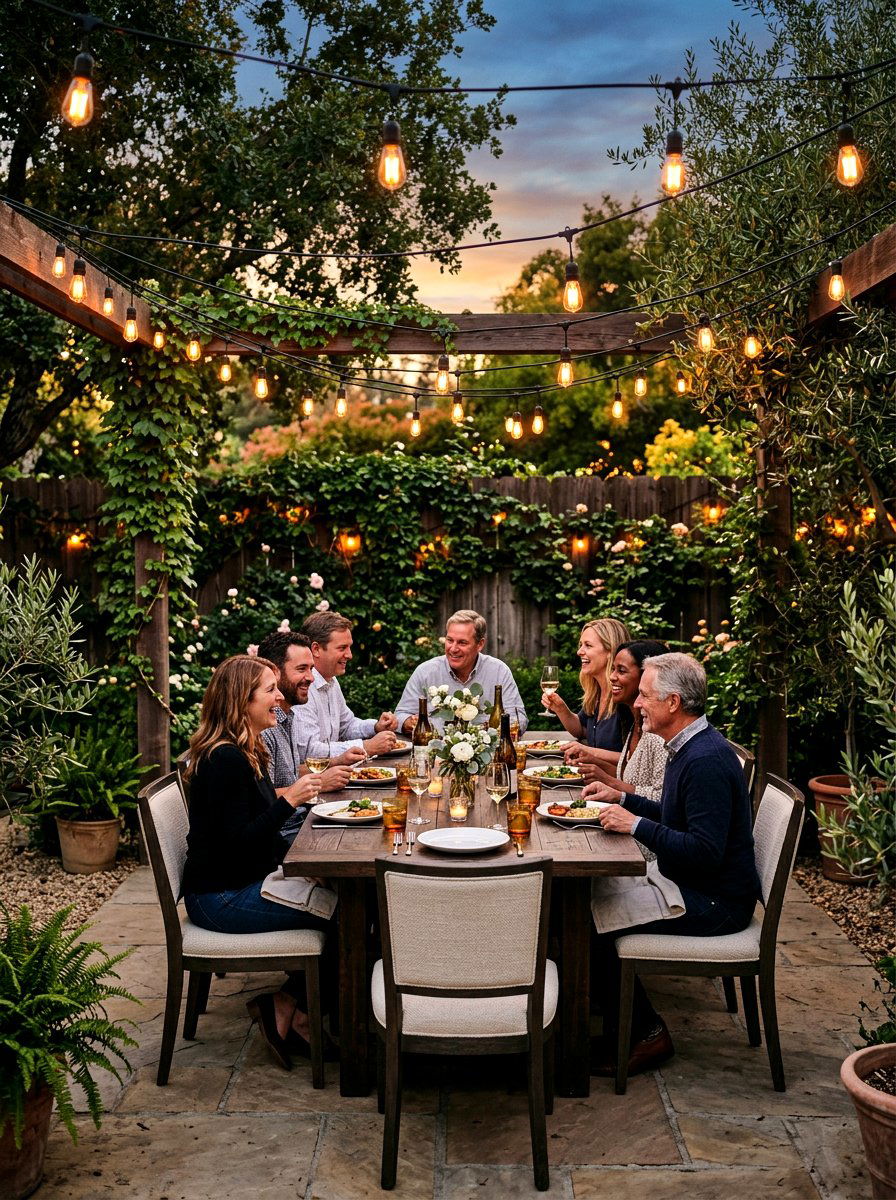 String lights outdoor dining - 25 Spring Outdoor Dining Table Ideas