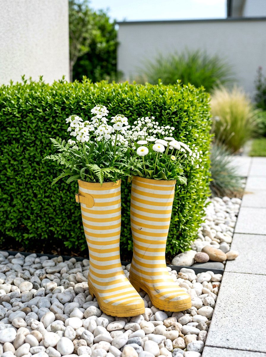 Striped Boot Garden Accent - 25 Spring Boot Planter Ideas