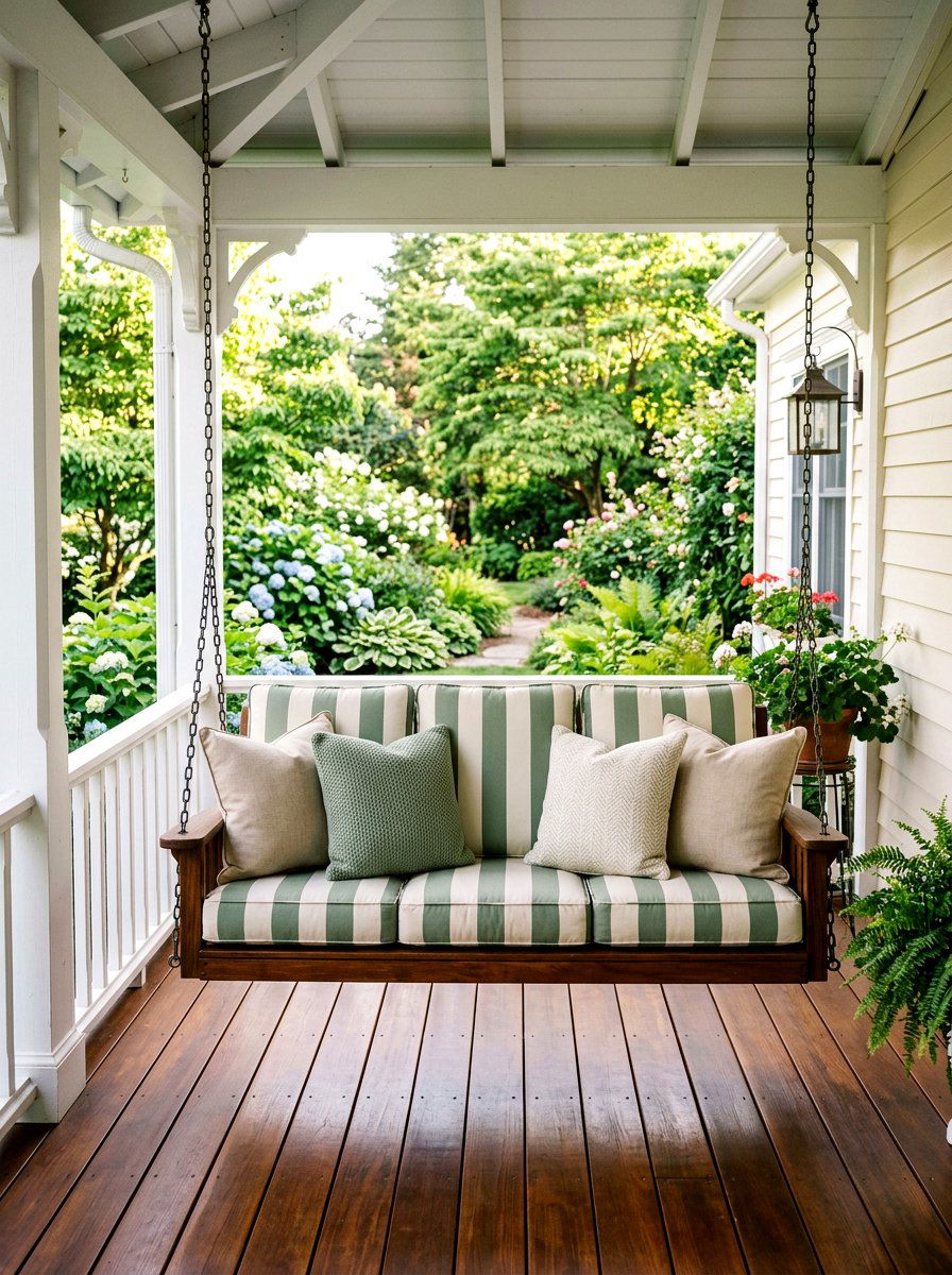 Striped Cushion Swing - 25 Spring Porch Swing Decor Ideas