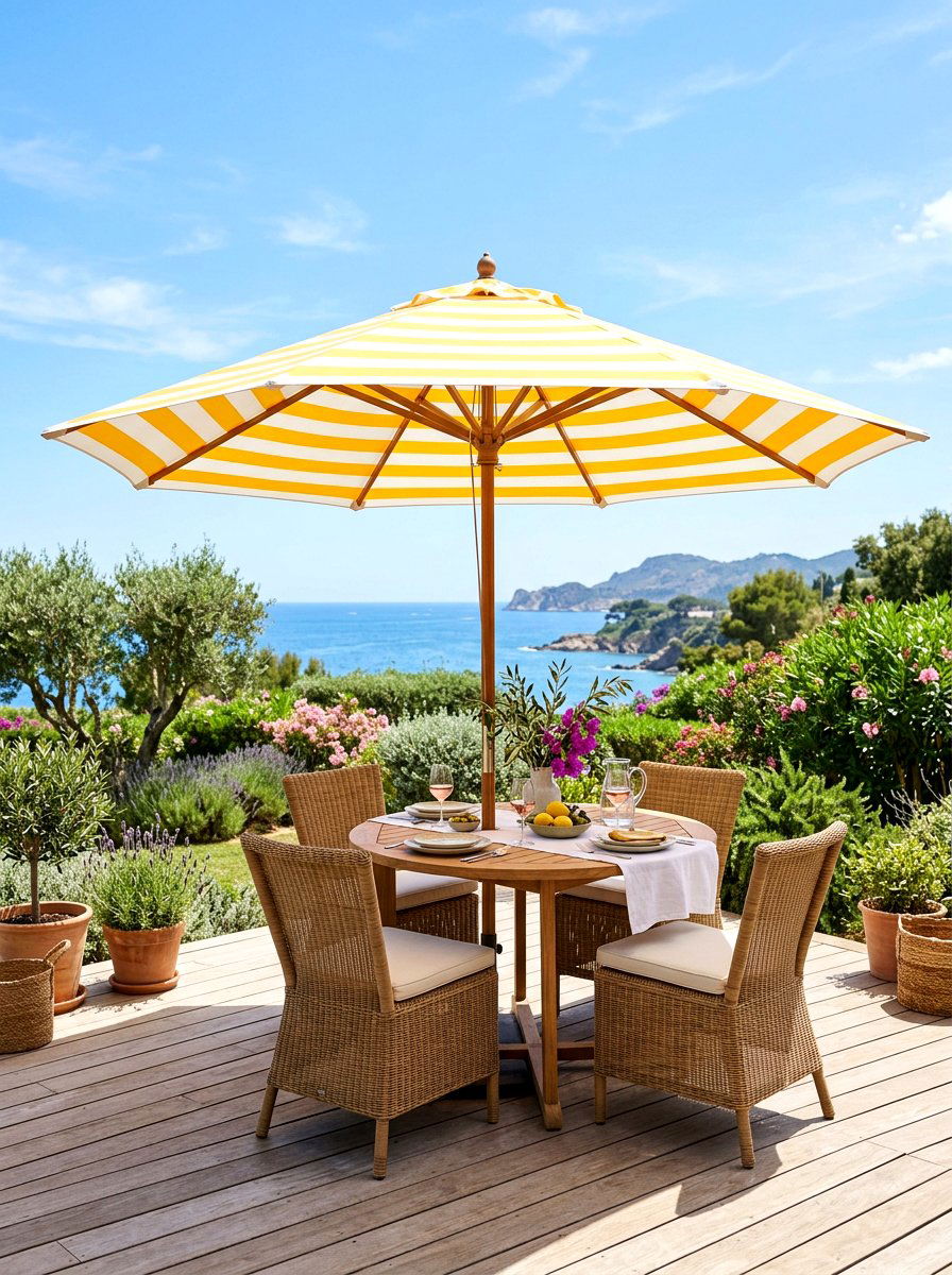 Striped Outdoor Umbrella - 25 Spring Patio Corner Decor Ideas