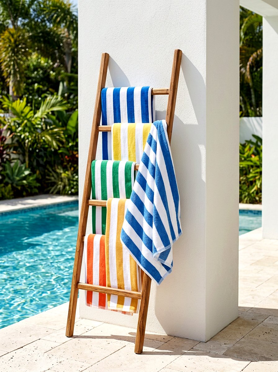 Striped Pool Towel Display - 25 Spring Pool Area Decor Ideas