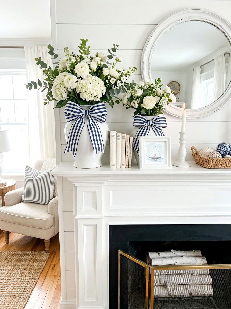 Striped Ribbon Bow - 25 Spring Cottage Mantel Ideas