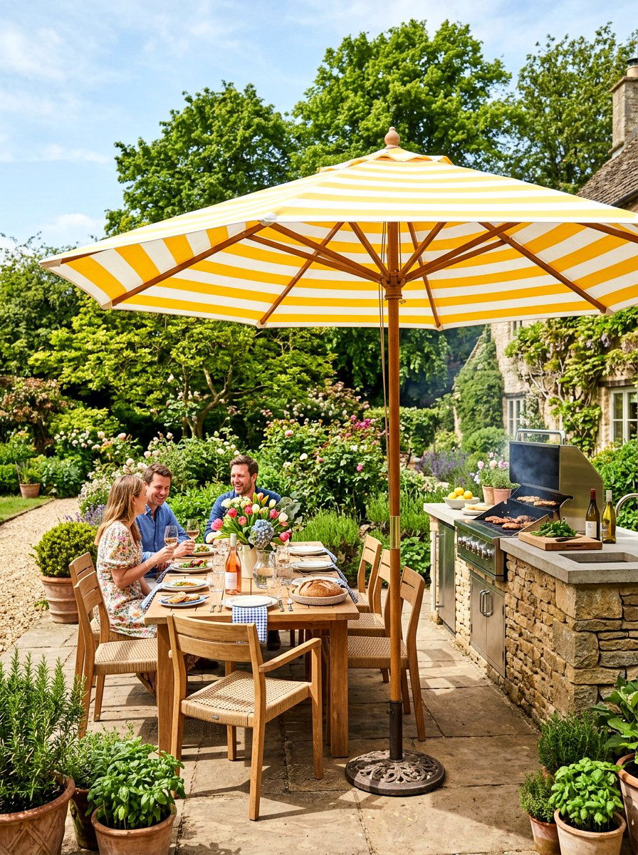 Striped outdoor umbrella - 25 Spring Outdoor Kitchen Decor Ideas