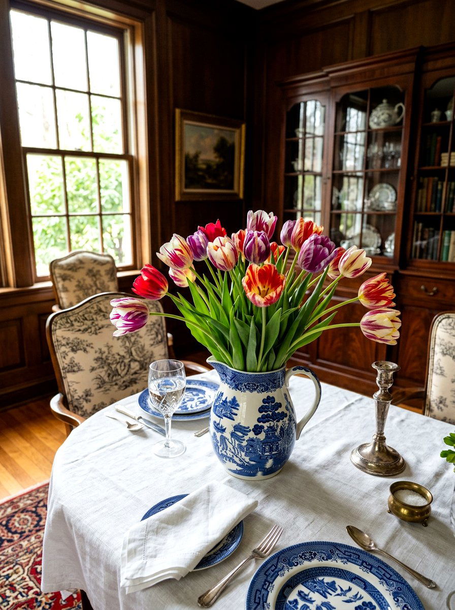 Striped tulips in blue willow pitcher - 25 Spring Tulip Bulb Vase Ideas