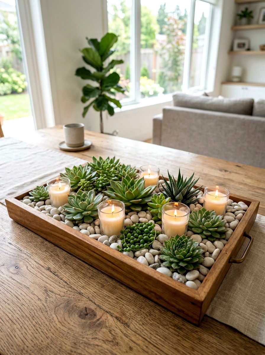 Succulent And Candle Garden Tray - 25 Spring Candle Centerpiece Ideas