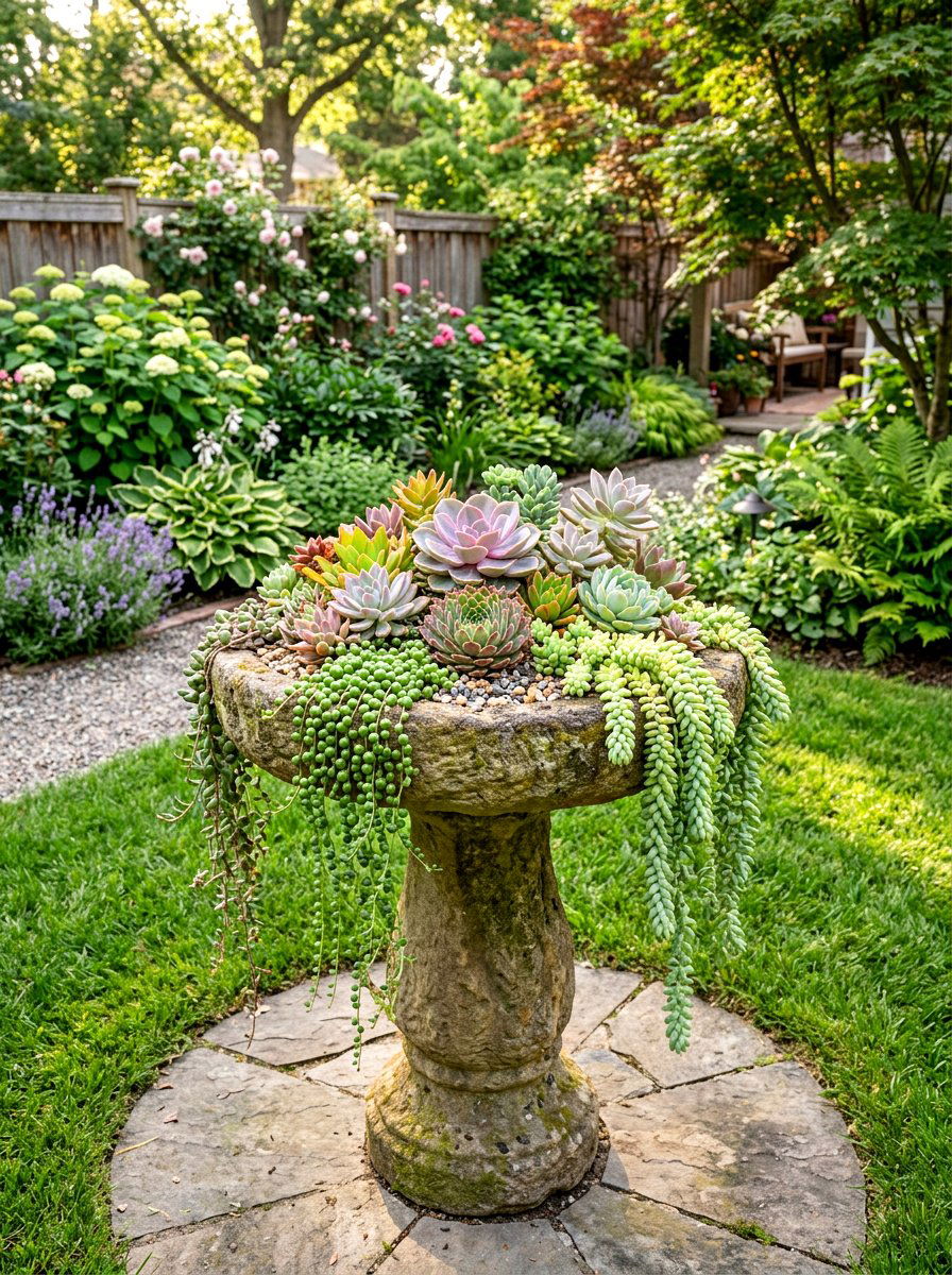 Succulent Bird Bath - 25 Spring Succulent Decor Ideas