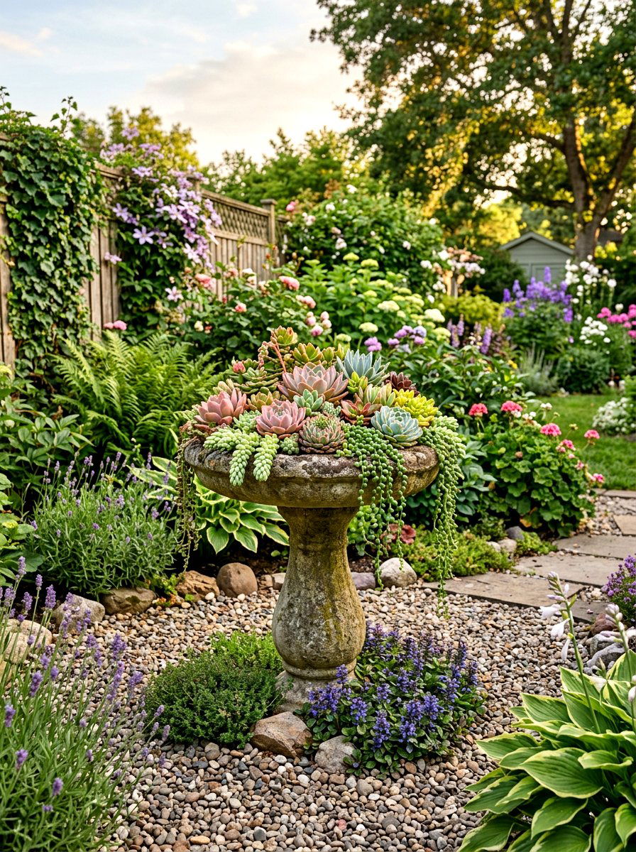 Succulent Birdbath Garden - 25 Spring Succulent Planter Ideas