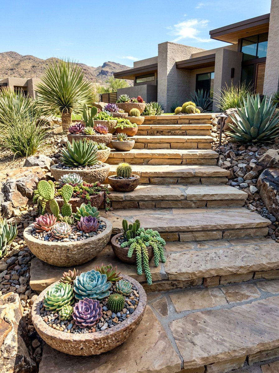 Succulent Garden On Stairs - 25 Spring Outdoor Staircase Decor Ideas