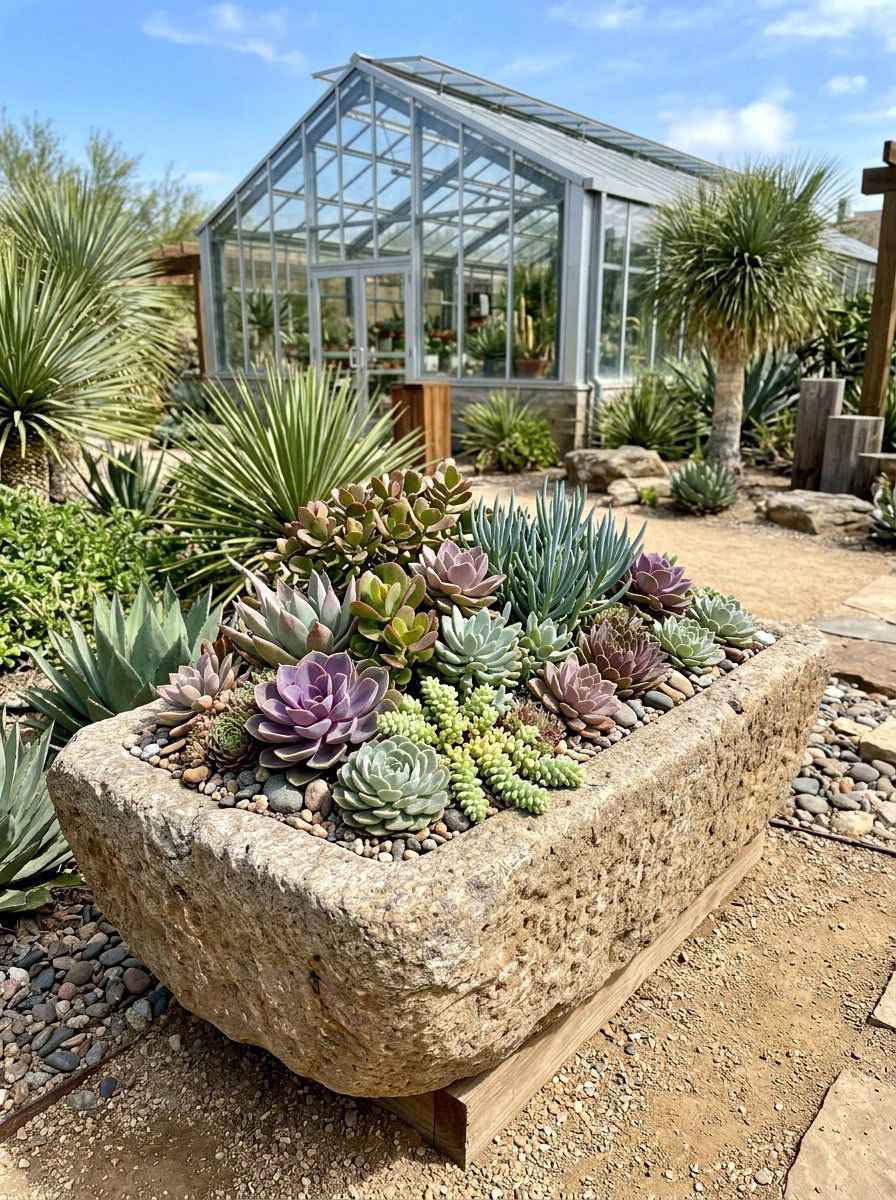 Succulent Greenhouse Container Display - 25 Spring Greenhouse Display Ideas