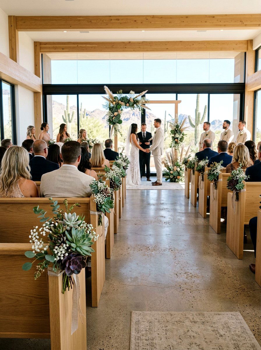 Succulent Pew Accents - 25 Spring Wedding Pew Decor Ideas