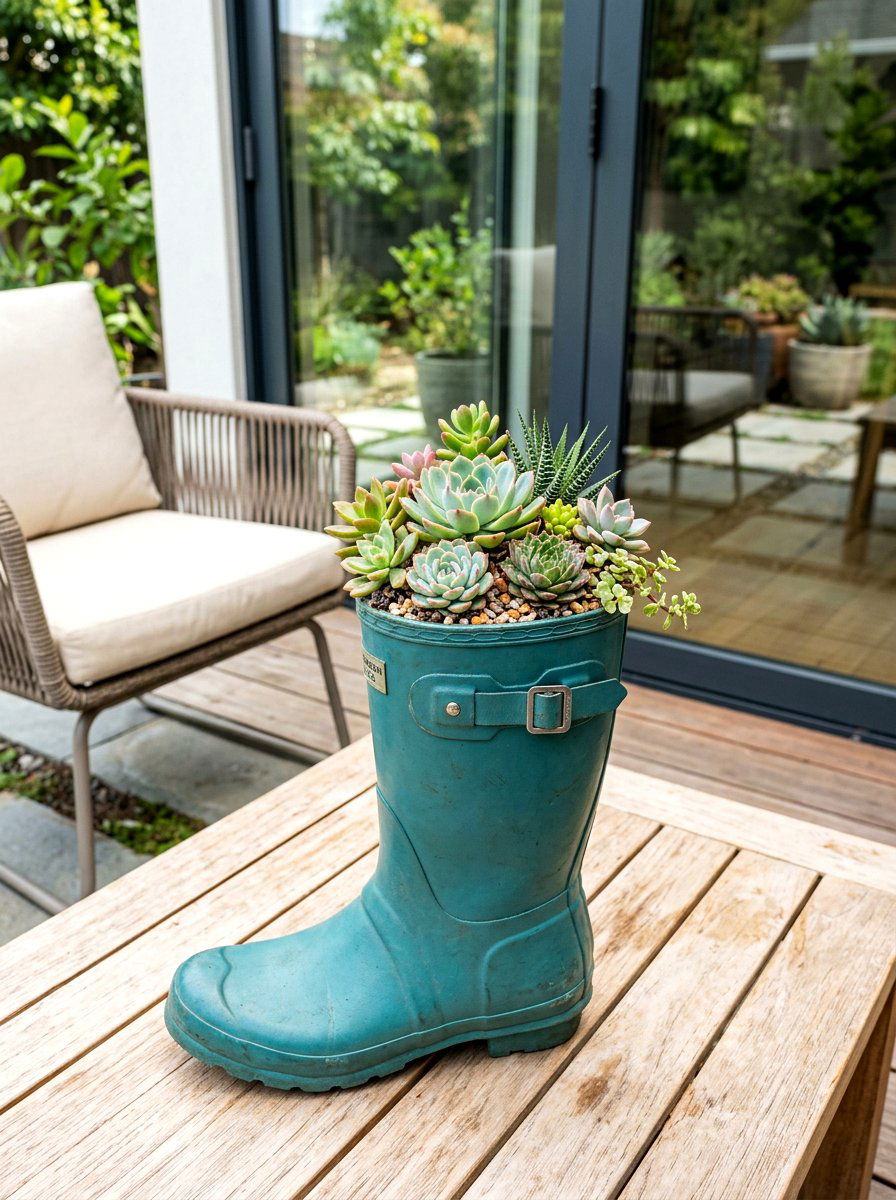 Succulent Rain Boot Arrangement - 25 Spring Boot Planter Ideas