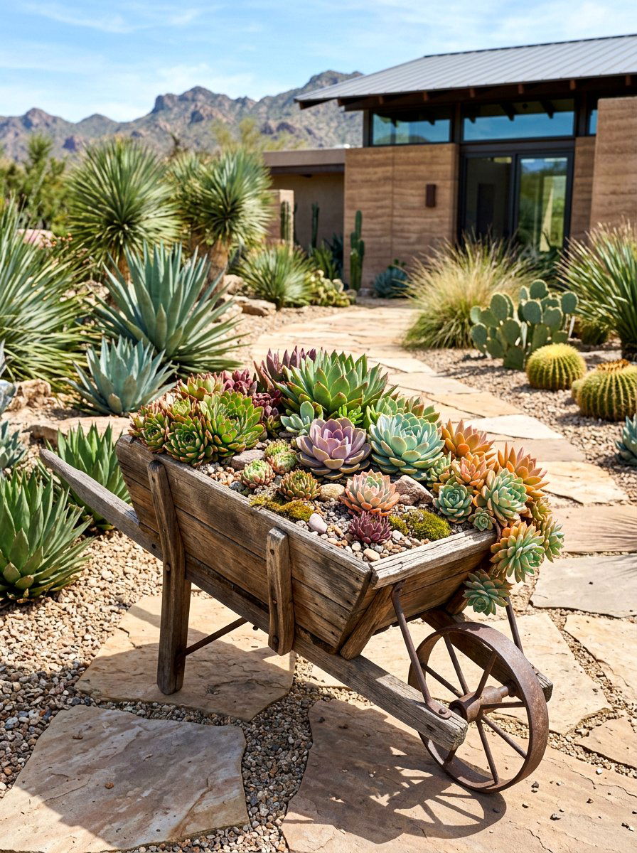 Succulent Wheelbarrow - 25 Spring Wheelbarrow Planter Ideas