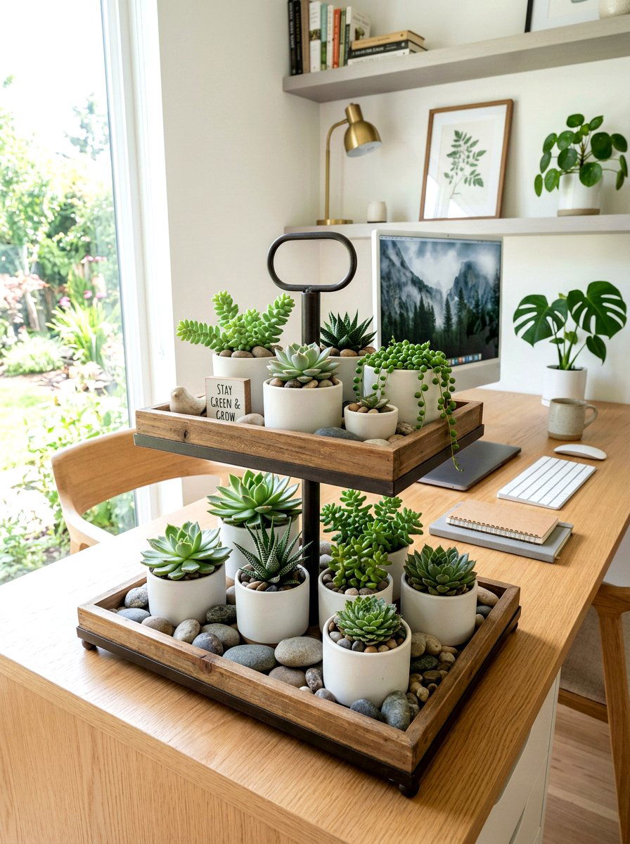 Succulent farmhouse tiered tray - 25 Spring Farmhouse Tiered Tray Ideas