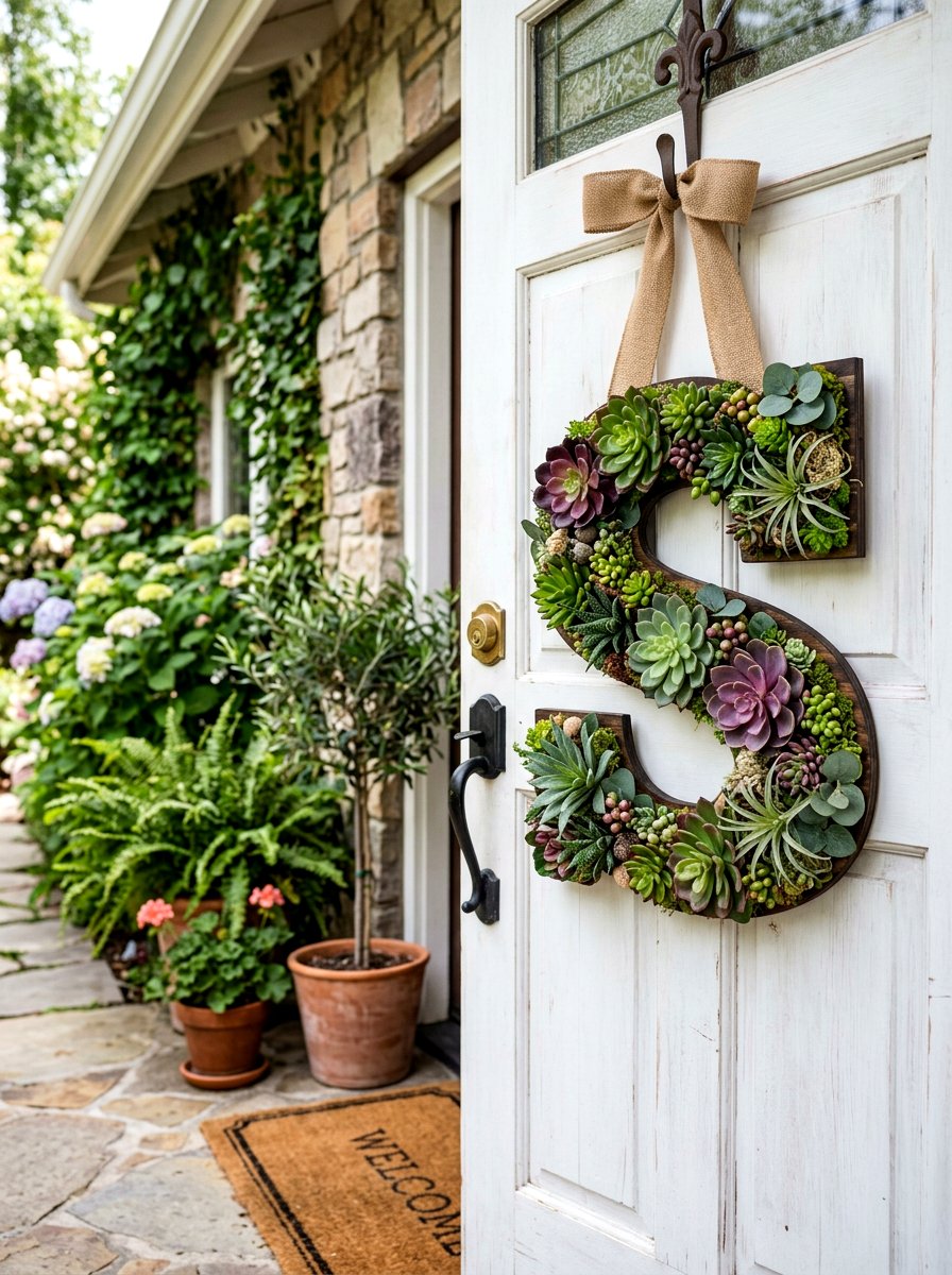 Succulent monogram door hanger - 25 Spring Letter Wreath Ideas