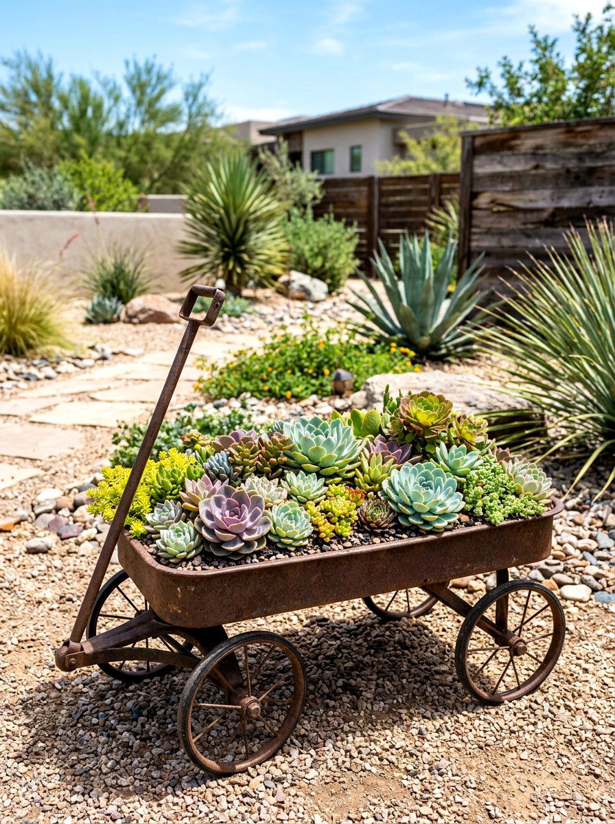 Succulent wagon planter - 25 Spring Garden Wagon Decor Ideas