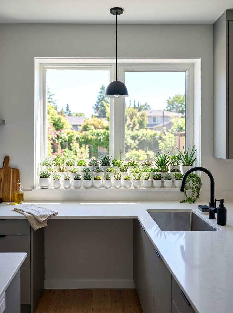 Succulent windowsill collection - 25 Spring Kitchen Window Decor Ideas