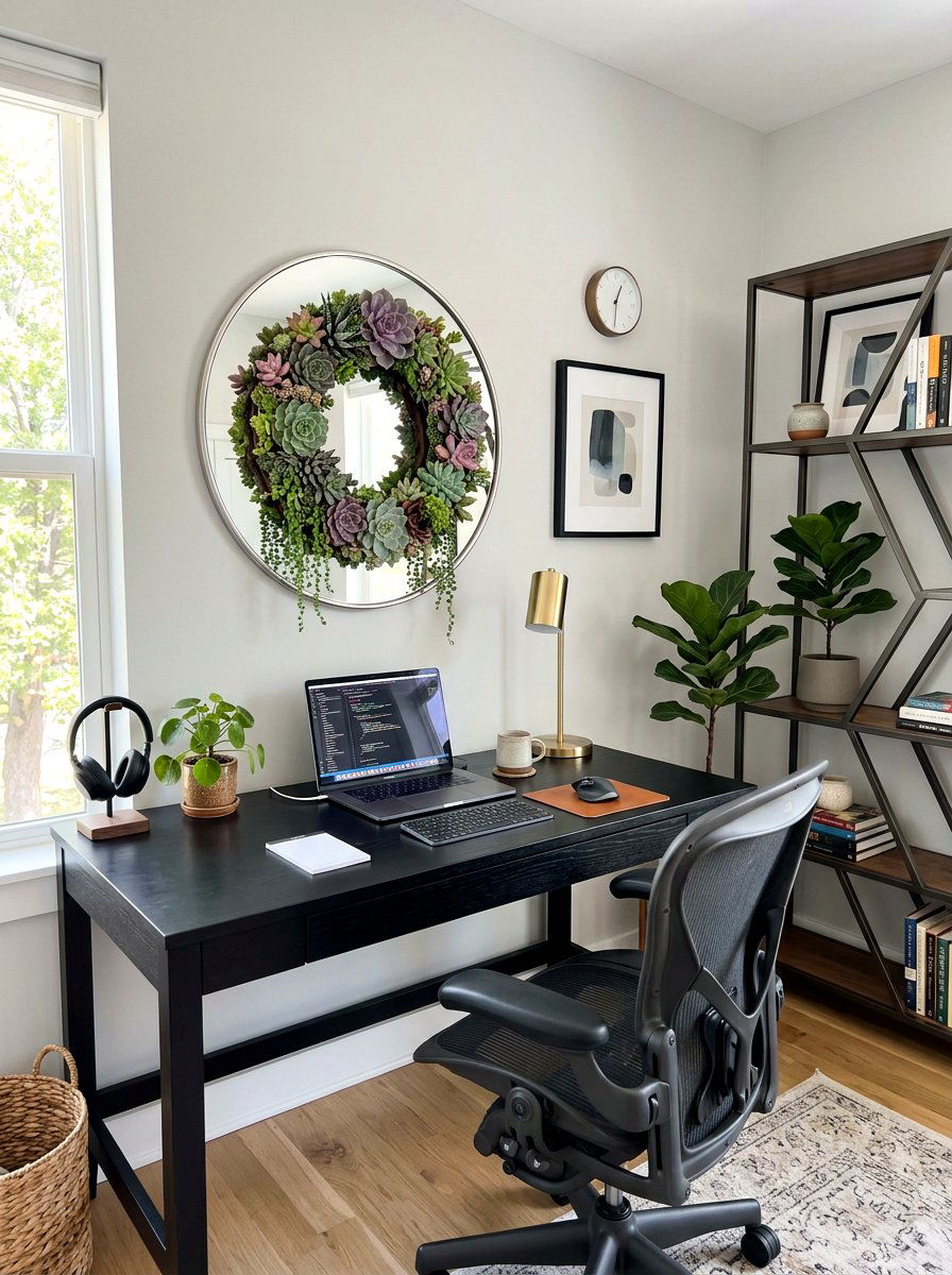 Succulent wreath on modern mirror - 25 Spring Wreath on Mirror Ideas