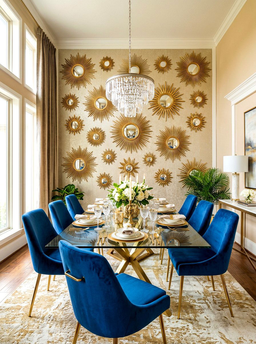 Sunburst Mirror Accent Wall - 25 Spring Dining Room Wall Decor Ideas