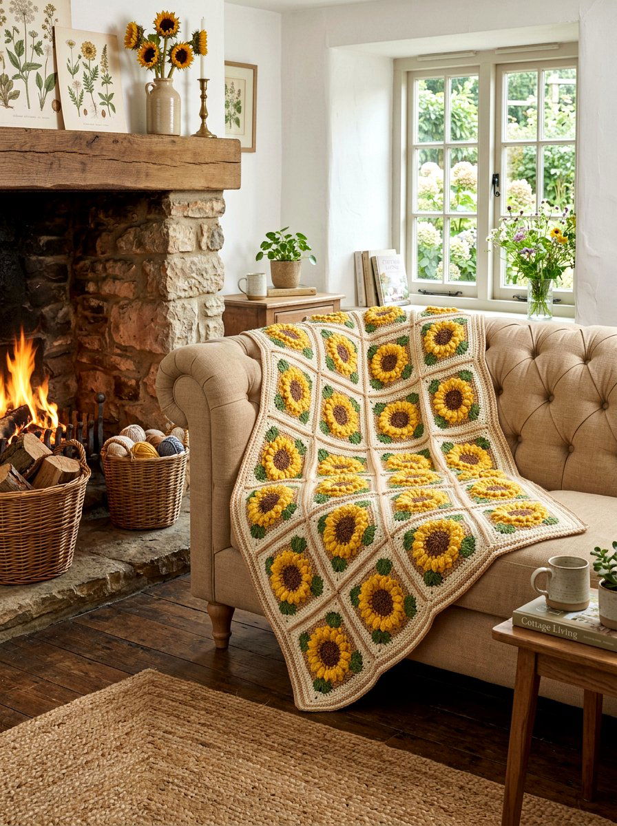 Sunflower Granny Square Blanket - 25 Spring Crochet Throw Ideas