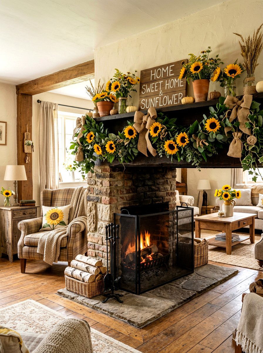 Sunflower Mantel - 25 Spring Garland Ideas for Mantel