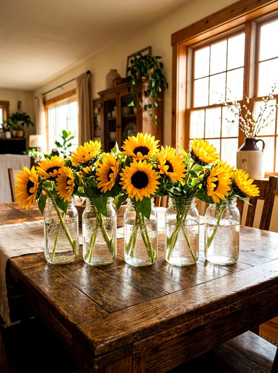 Sunflower Mason Jar Display - 25 Spring Mason Jar Centerpiece Ideas