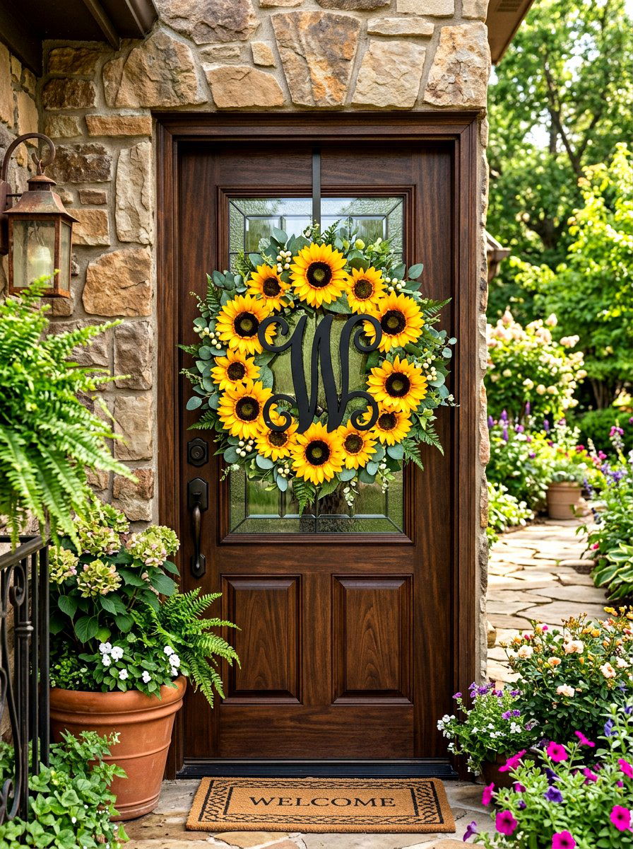 Sunflower Monogram Wreath Front Door - 25 Spring Monogram Wreath Ideas