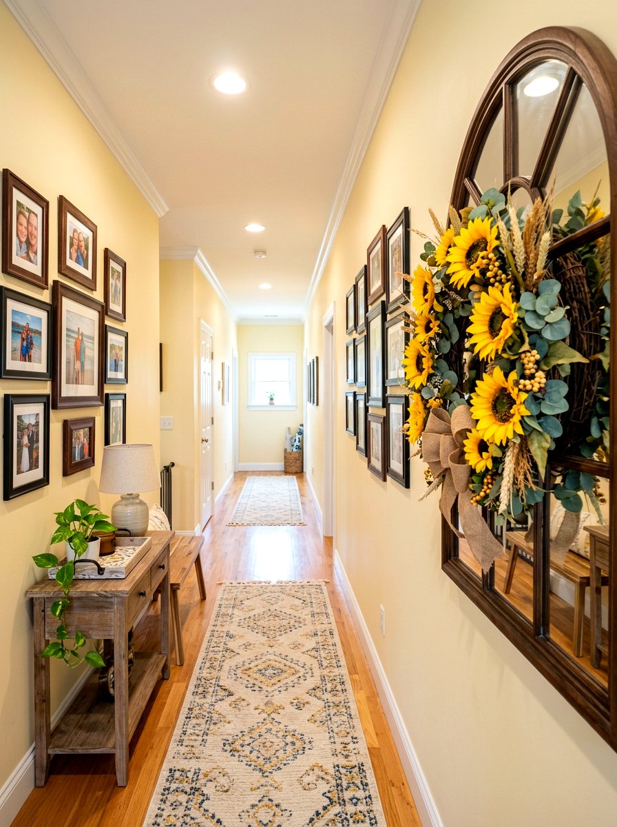 Sunflower wreath on hallway mirror - 25 Spring Wreath on Mirror Ideas